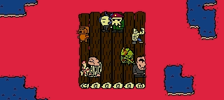 Characters from Space Funeral traveling down a river on a raft